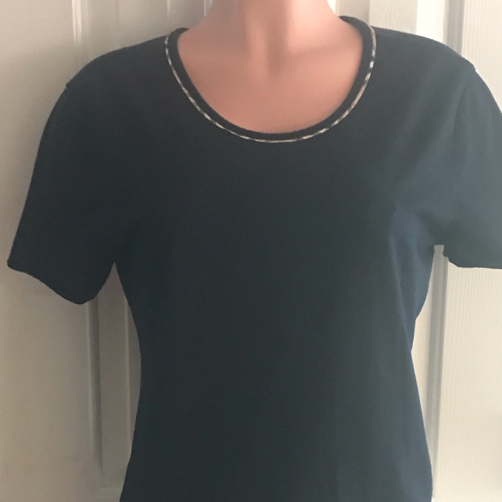 Burberry Black Short Sleeve Tee with Check Trim and Keyhole Back